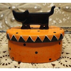 Ceramic Halloween Candle Holder w/ Unused Candle & Lid Featuring Black Cat
